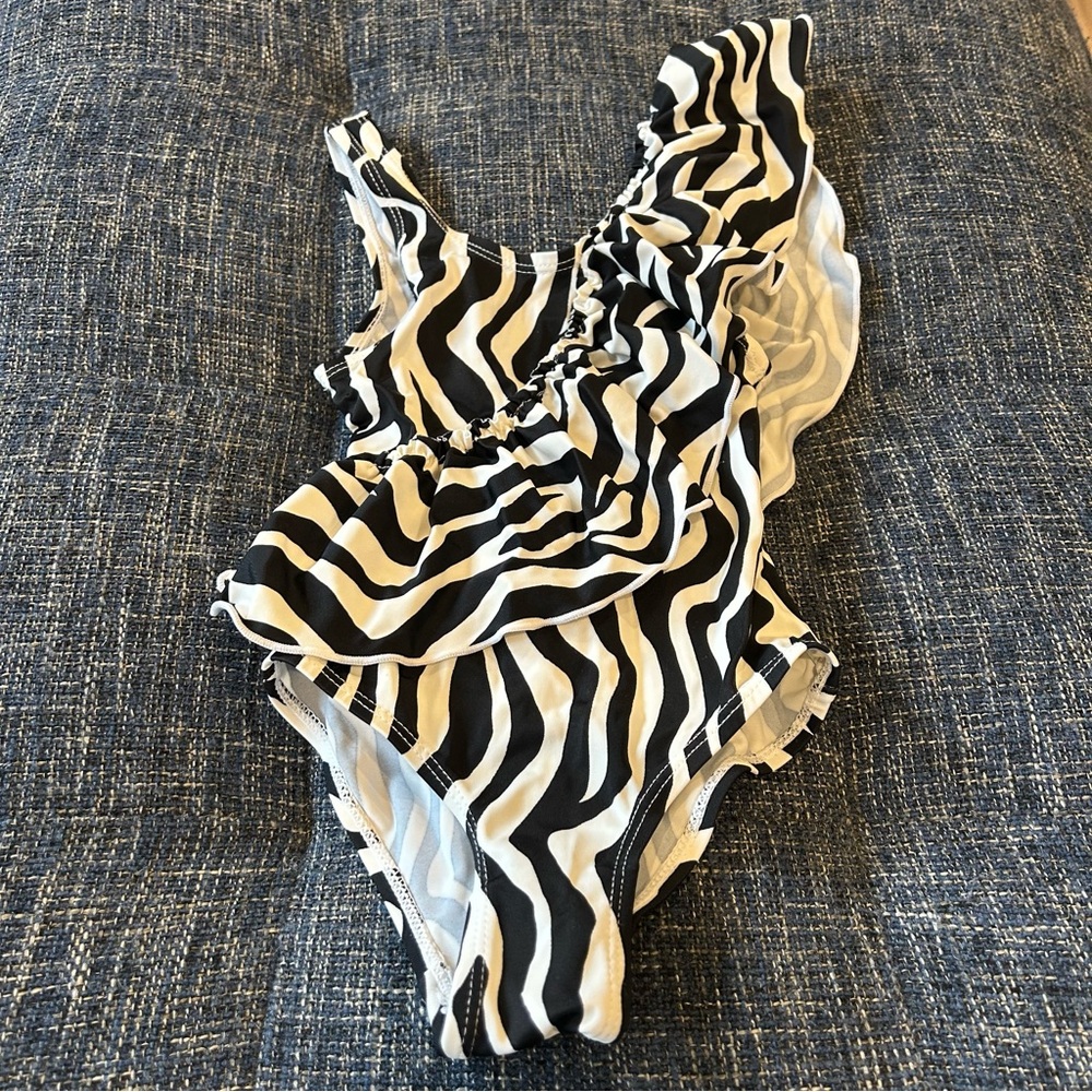 Mini Market Toddler One Shoulder Ruffle One Piece Swimsuit Zebra Print Black